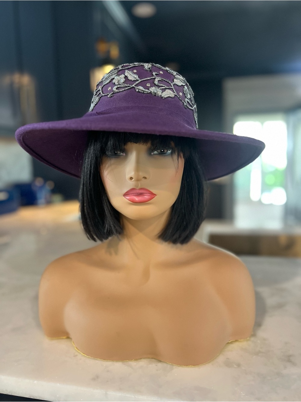 Vintage Purple Wide Brim Church Derby Hat Silver Beaded Floral Embroidery